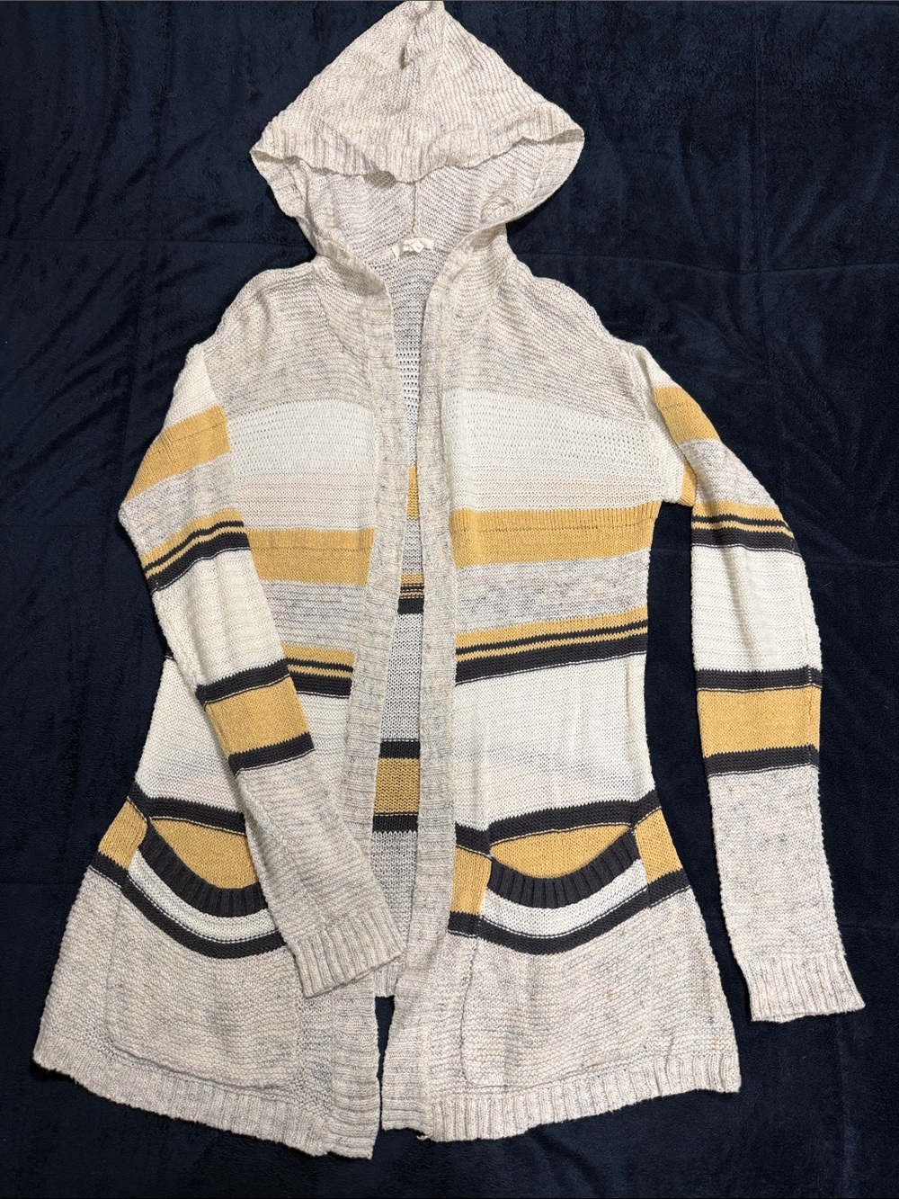 Maurices Hooded Open-Front Cardigan Sweater in Cream, Mustard, and Black